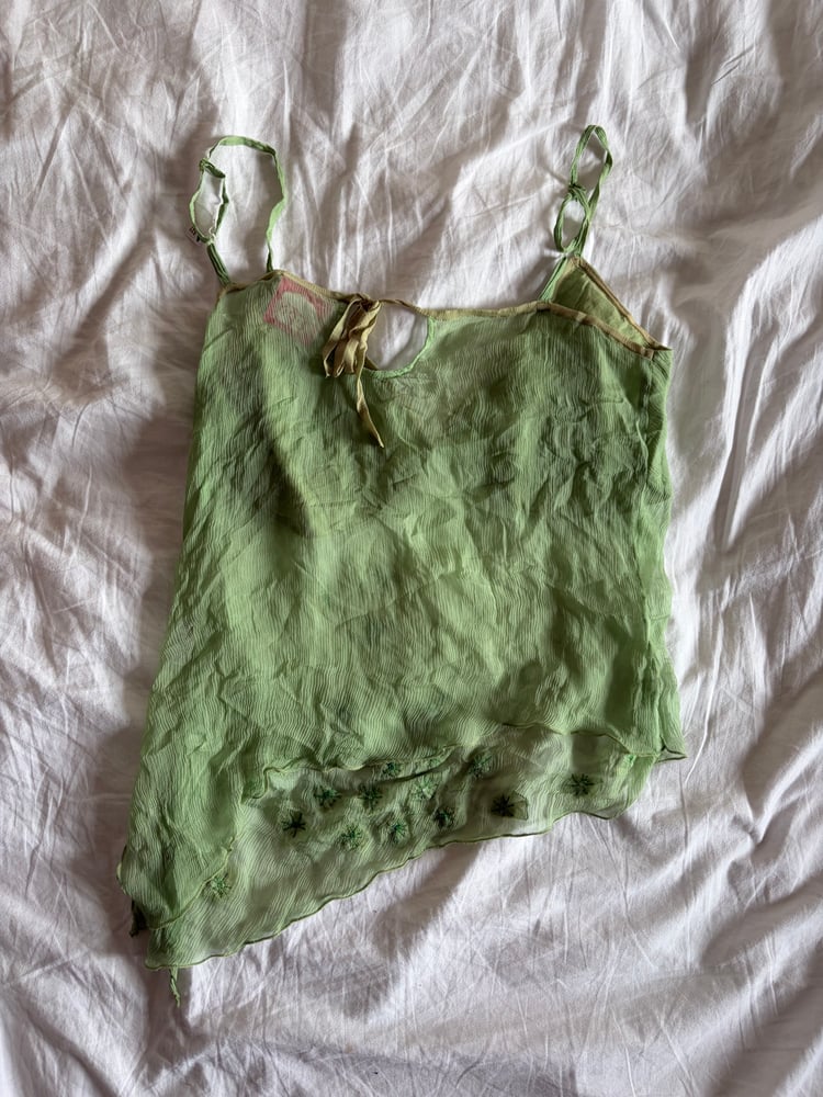 Vintage Y2K Lipsy rare asymmetrical hem green silk cami with floral appliqué
