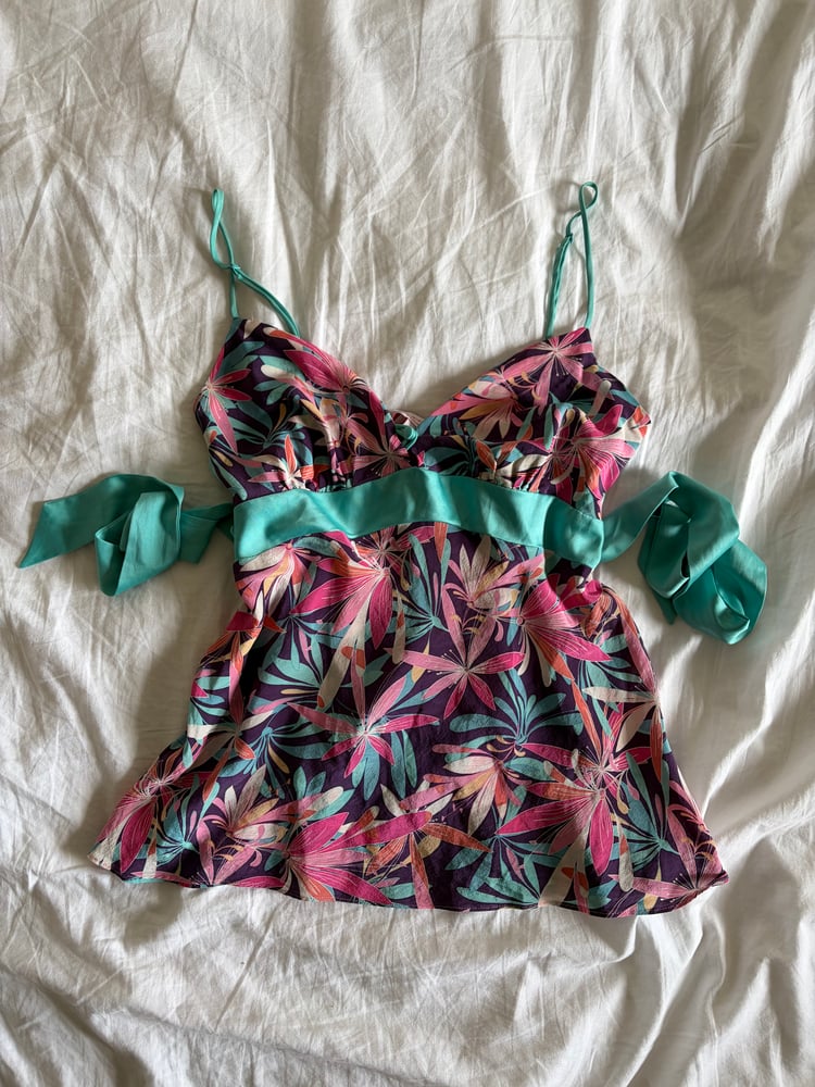Vintage Y2K floral silk cami with turquoise side ties