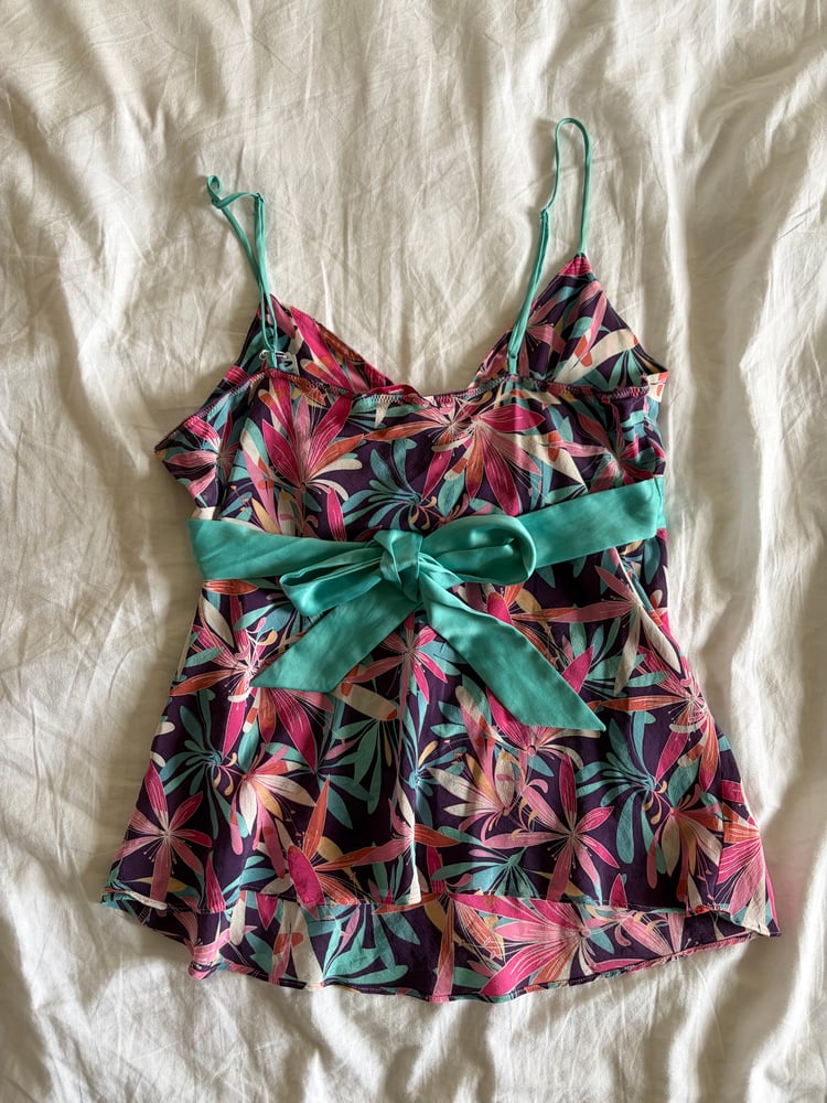 Vintage Y2K floral silk cami with turquoise side ties
