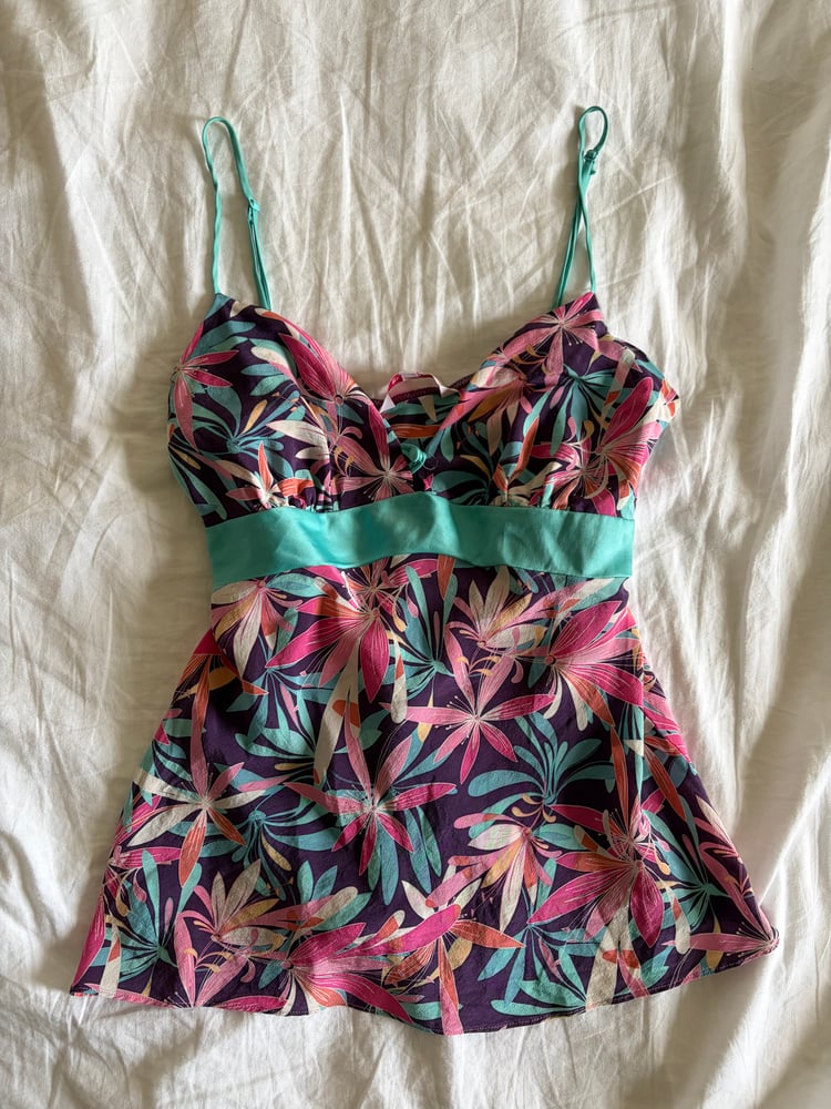 Vintage Y2K floral silk cami with turquoise side ties