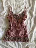 Vintage Y2K rare dusty pink crinkle cami with gun mental grey embellishment and micromesh hem