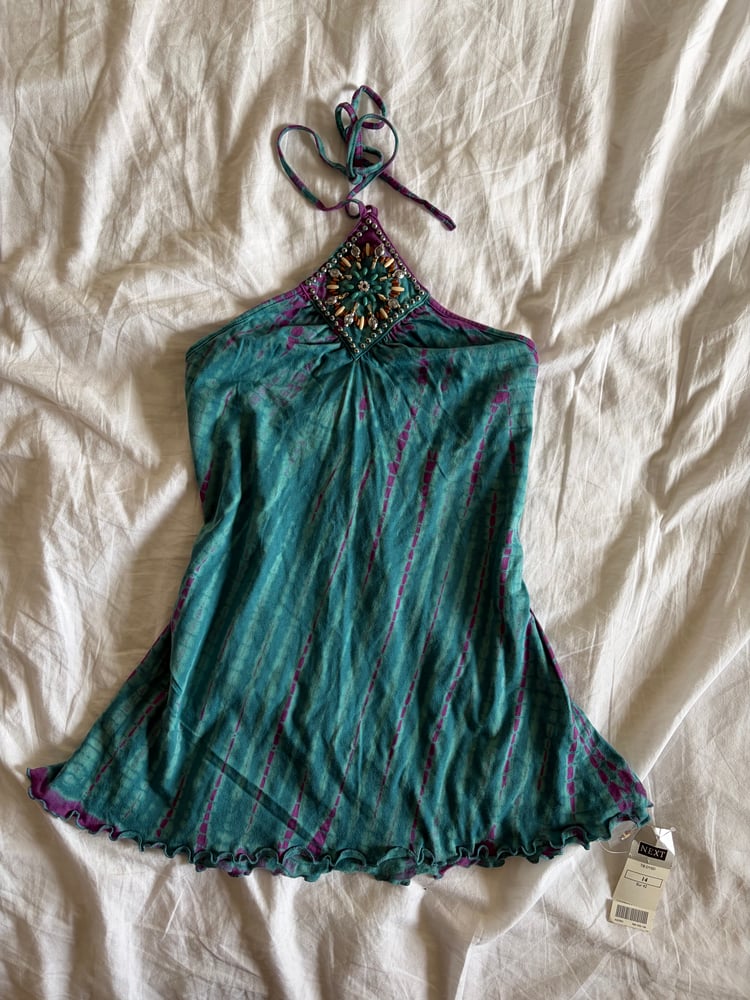 Vintage Y2K blue and purple tie dye halterneck cami with embellishment on neckline