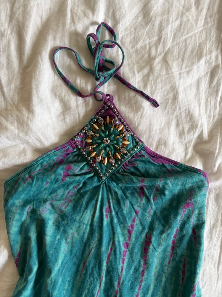 Vintage Y2K blue and purple tie dye halterneck cami with embellishment on neckline