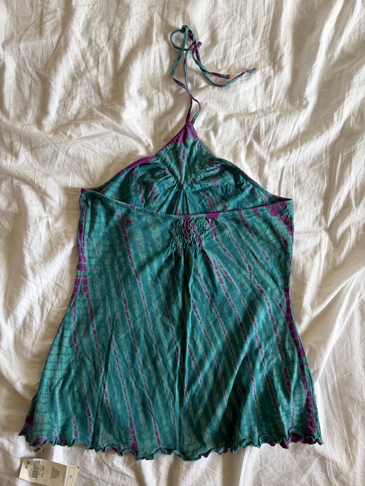 Vintage Y2K blue and purple tie dye halterneck cami with embellishment on neckline