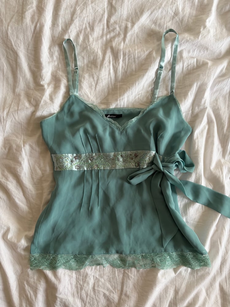 Vintage Y2K blue fairy cami with beads and sequin ribbon tie detail