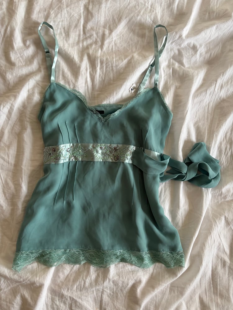 Vintage Y2K blue fairy cami with beads and sequin ribbon tie detail