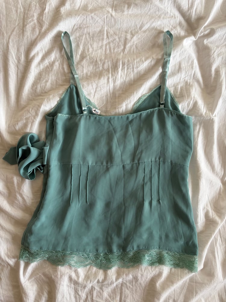 Vintage Y2K blue fairy cami with beads and sequin ribbon tie detail