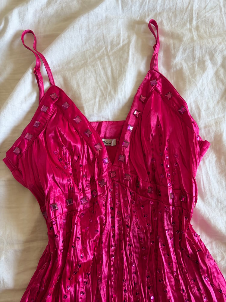 Vintage Y2K hot pink sequin and beaded crinkle cami top