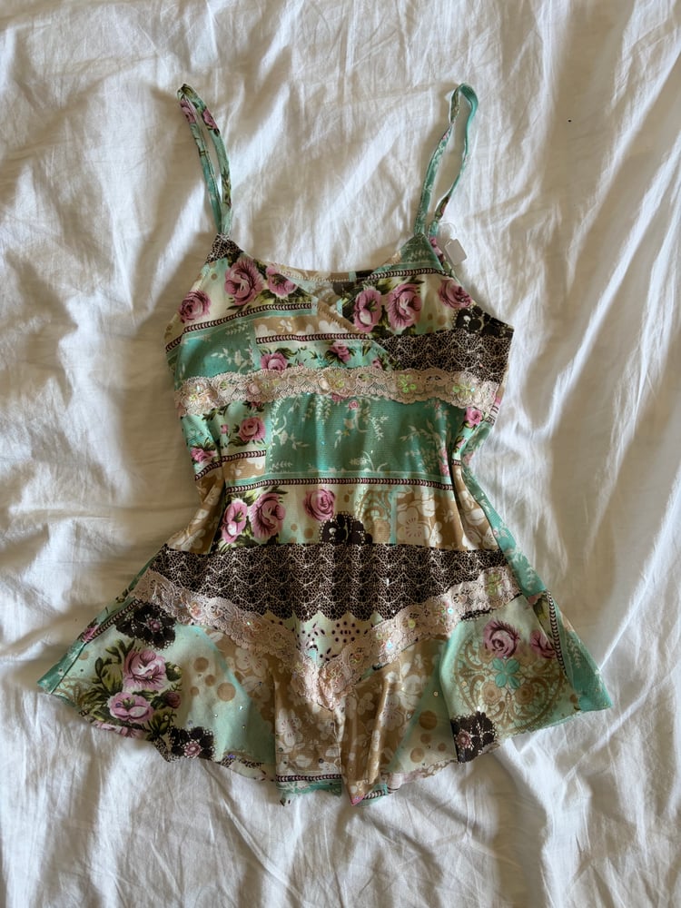 Vintage Y2K rare patchwork asymmetrical hem floral sequin cami top