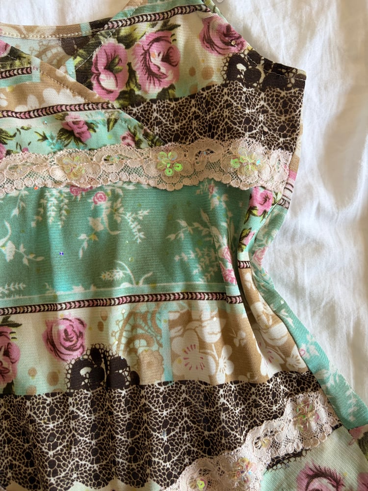 Vintage Y2K rare patchwork asymmetrical hem floral sequin cami top