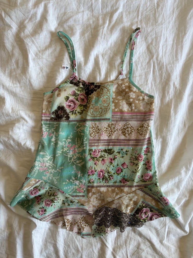 Vintage Y2K rare patchwork asymmetrical hem floral sequin cami top