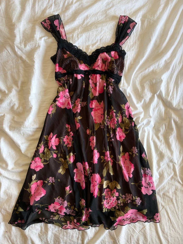 Vintage Y2K Morgan de Toi black floral dress with polka dots on cups