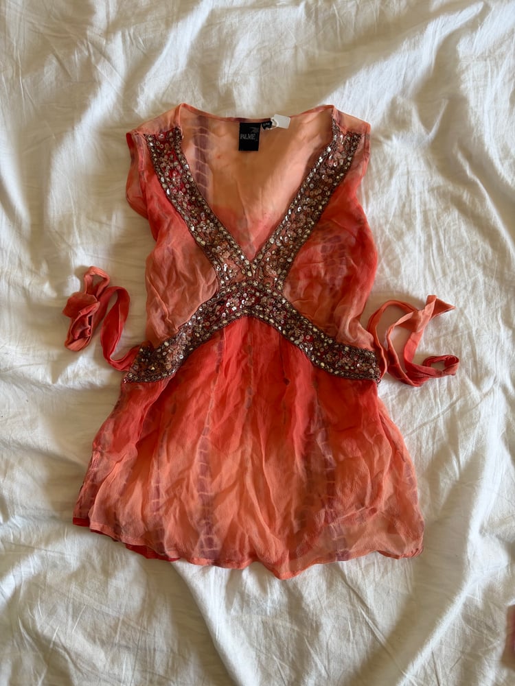 Vintage Y2K orange tie dye ombre silk top with embellishment and side ties