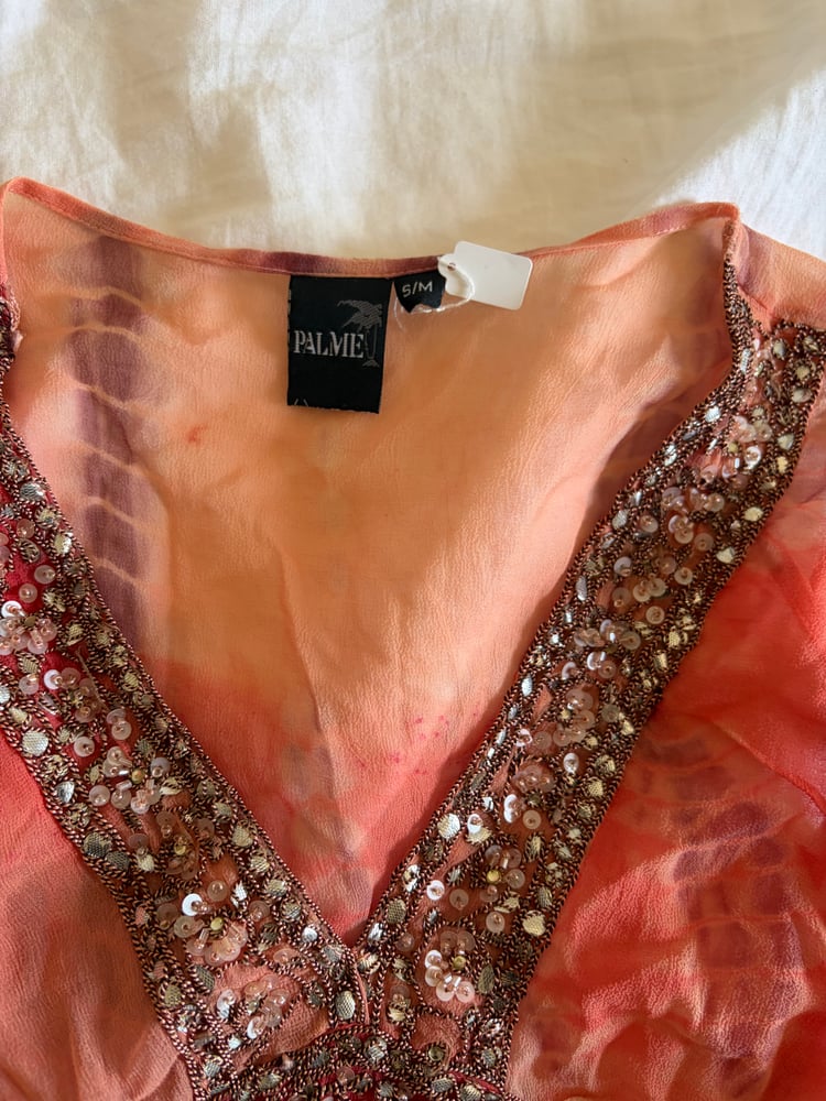 Vintage Y2K orange tie dye ombre silk top with embellishment and side ties