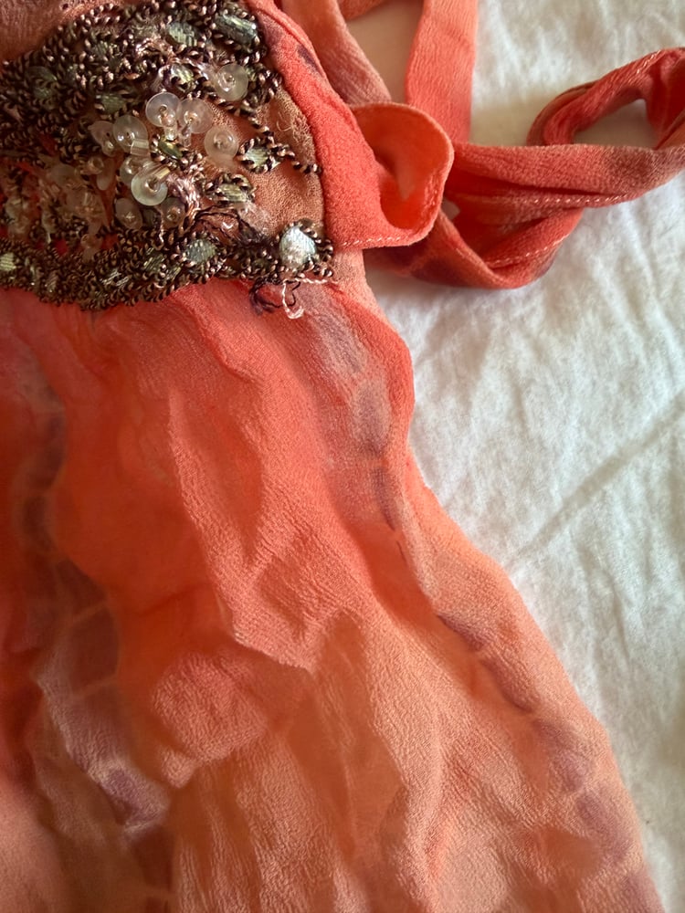Vintage Y2K orange tie dye ombre silk top with embellishment and side ties