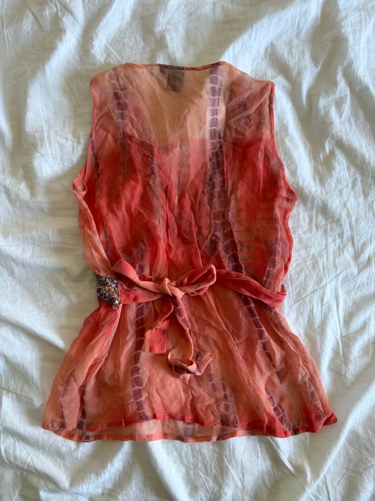 Vintage Y2K orange tie dye ombre silk top with embellishment and side ties