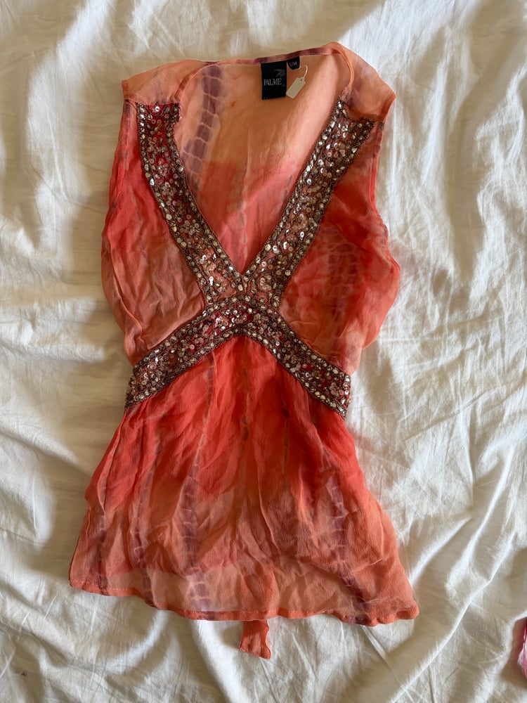 Vintage Y2K orange tie dye ombre silk top with embellishment and side ties