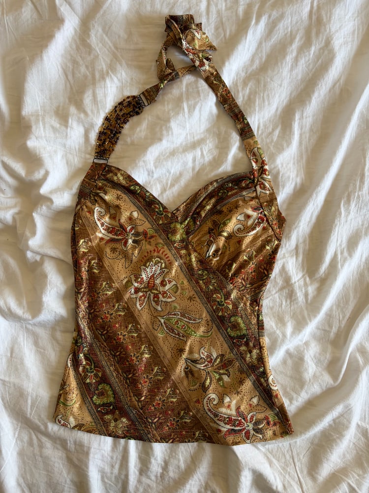 Vintage Y2K rare champagne  gold floral halter neck with beaded strap detail