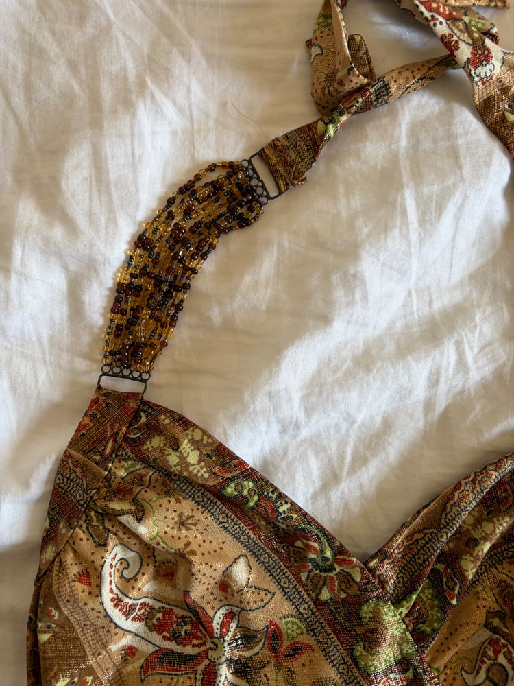 Vintage Y2K rare champagne  gold floral halter neck with beaded strap detail