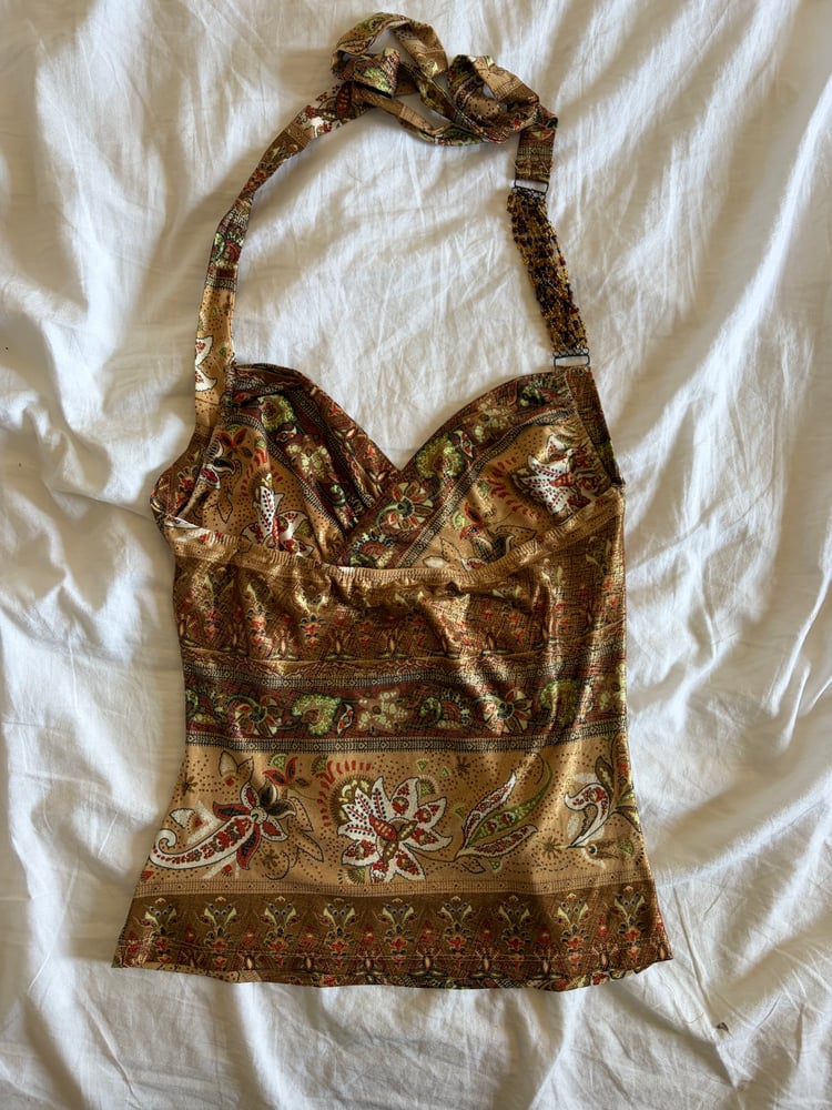 Vintage Y2K rare champagne  gold floral halter neck with beaded strap detail