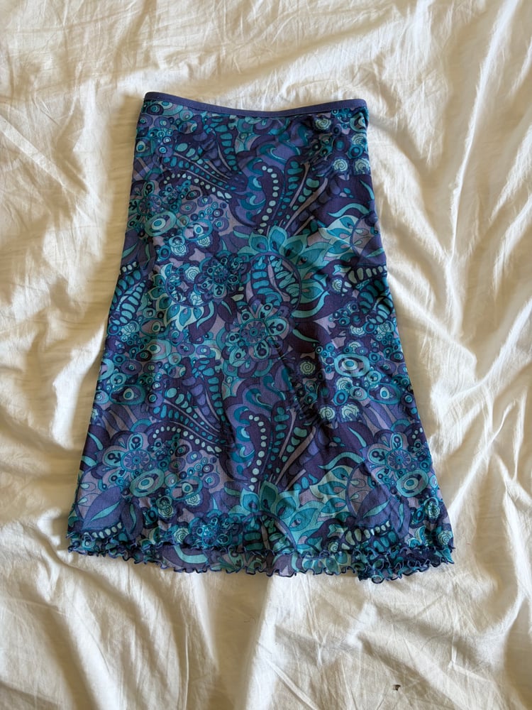 Vintage Y2K blue floral micromesh midi skirt with lettuce hem