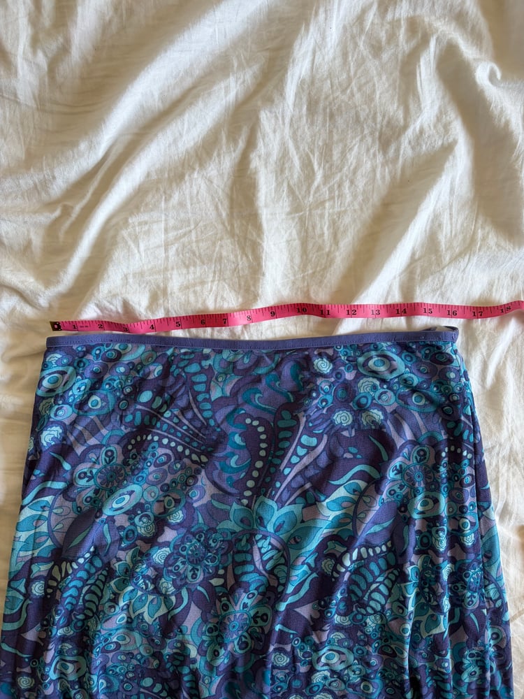 Vintage Y2K blue floral micromesh midi skirt with lettuce hem