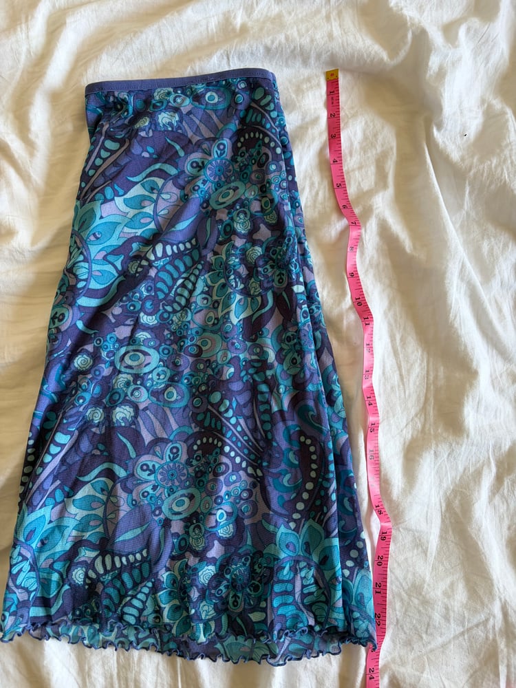 Vintage Y2K blue floral micromesh midi skirt with lettuce hem