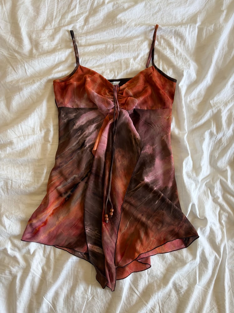 Vintage Y2K asymmetrical hem brown and pink tie dye ruched bust halter neck fairy cami
