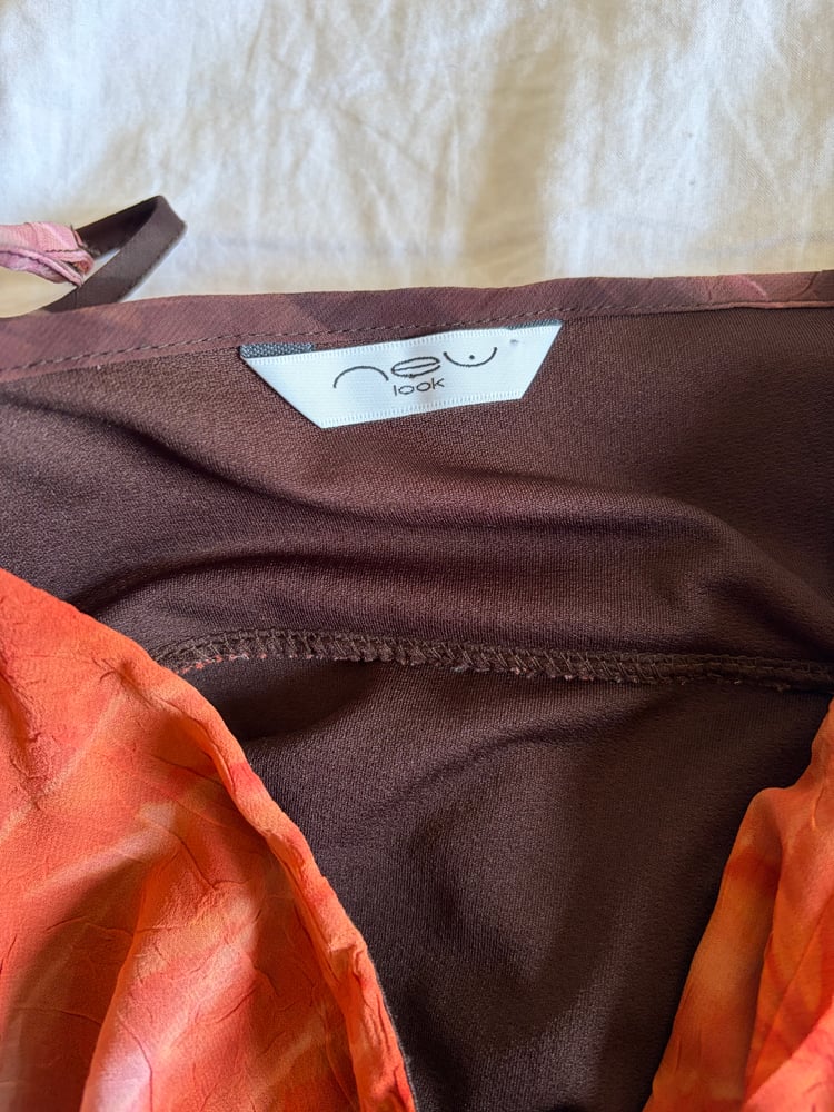 Vintage Y2K asymmetrical hem brown and pink tie dye ruched bust halter neck fairy cami