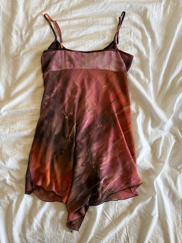 Vintage Y2K asymmetrical hem brown and pink tie dye ruched bust halter neck fairy cami