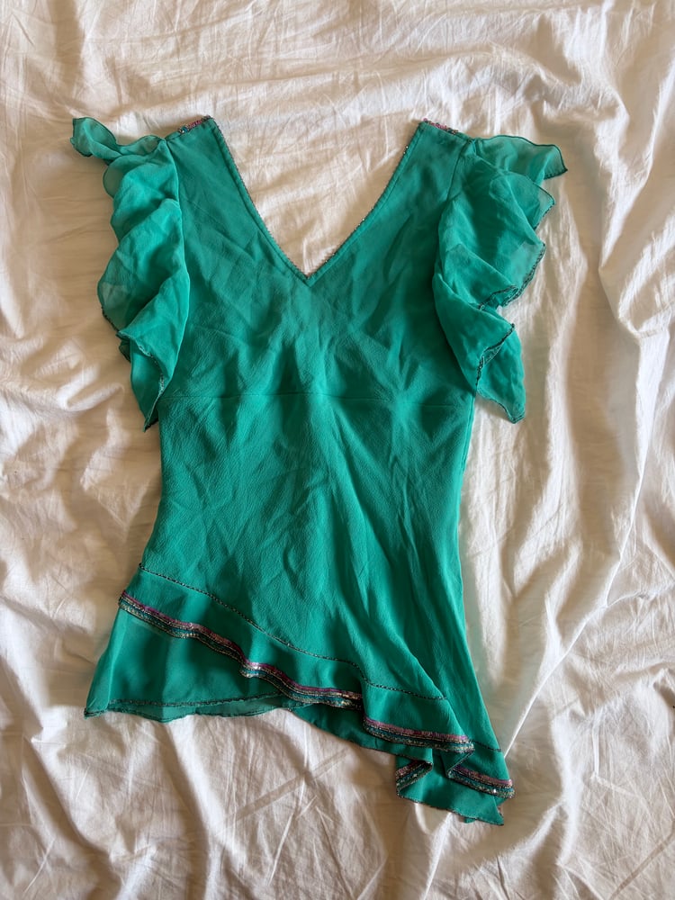 Vintage Y2K 2004 Karen Millen aqua blue silk embellished asymmetrical hem top