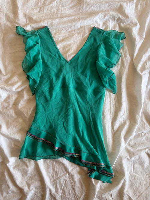Vintage Y2K 2004 Karen Millen aqua blue silk embellished asymmetrical hem top