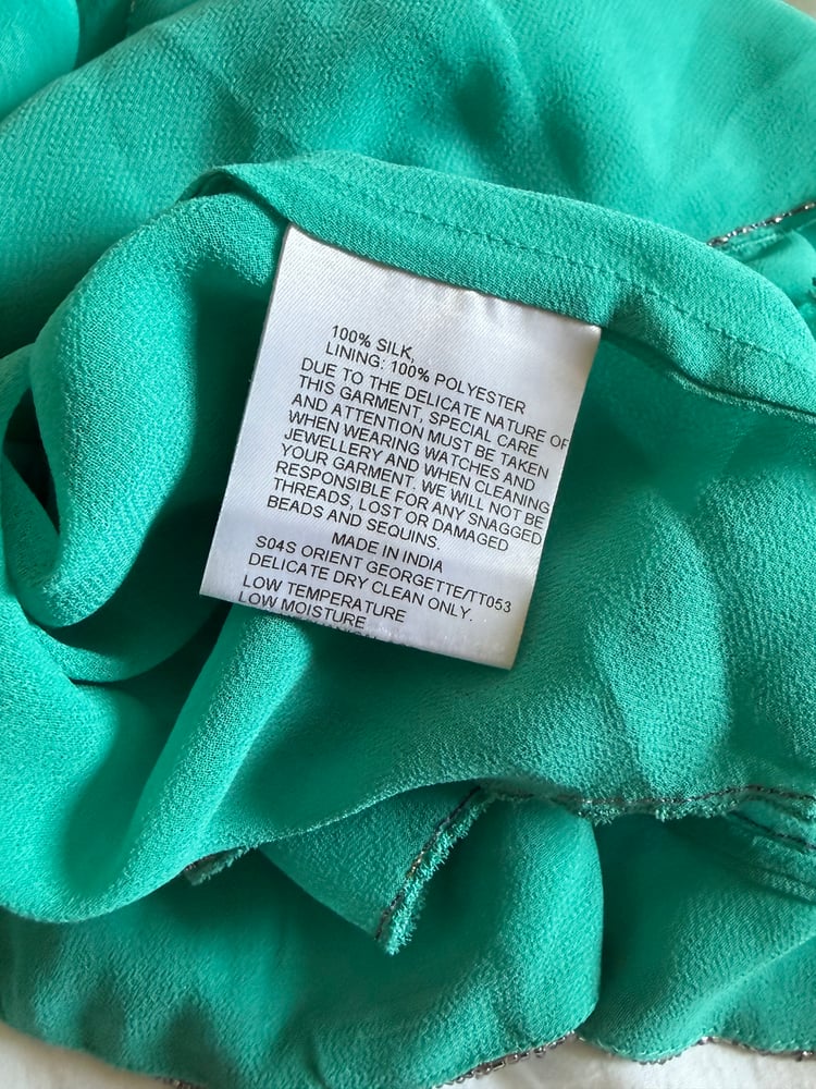 Vintage Y2K 2004 Karen Millen aqua blue silk embellished asymmetrical hem top