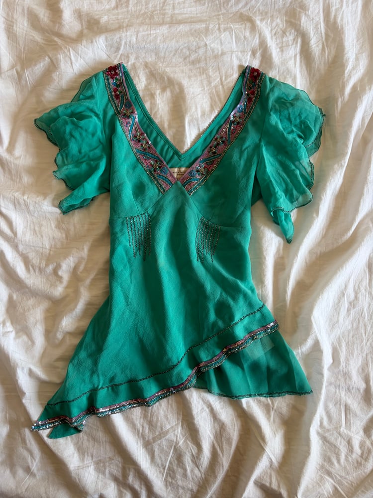 Vintage Y2K 2004 Karen Millen aqua blue silk embellished asymmetrical hem top