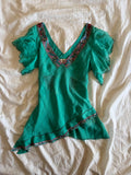 Vintage Y2K 2004 Karen Millen aqua blue silk embellished asymmetrical hem top
