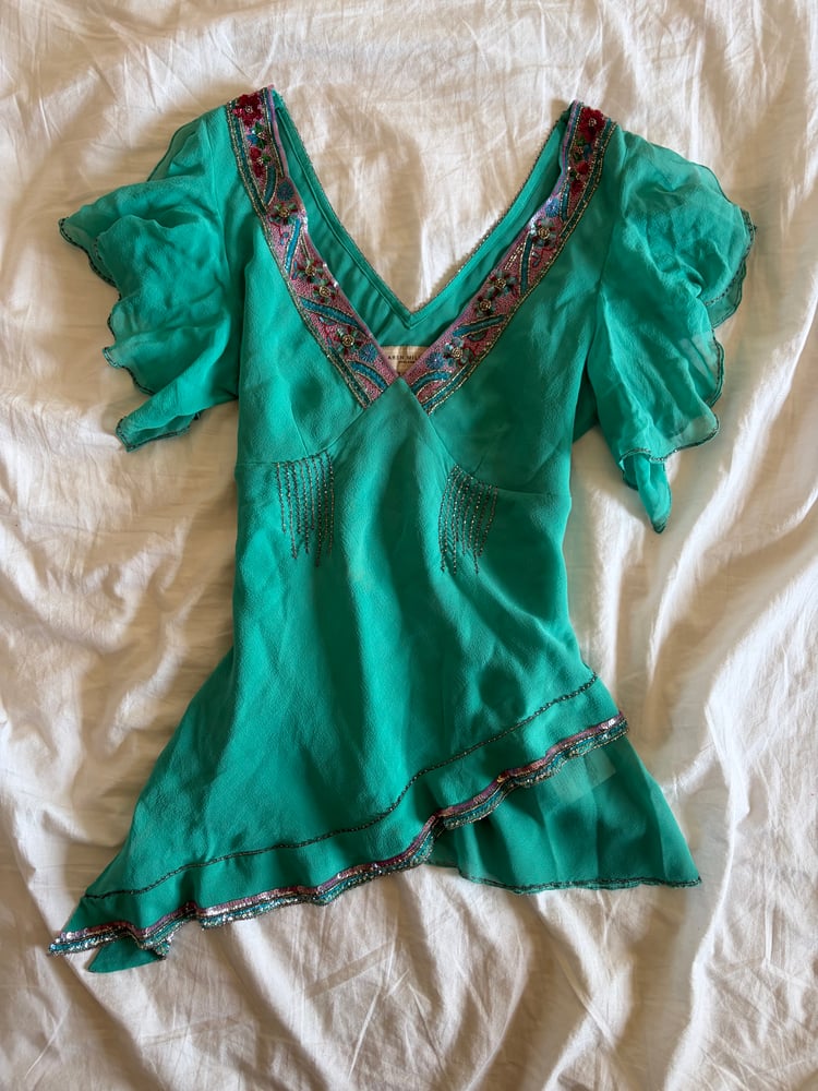 Vintage Y2K 2004 Karen Millen aqua blue silk embellished asymmetrical hem top