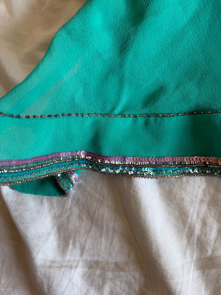 Vintage Y2K 2004 Karen Millen aqua blue silk embellished asymmetrical hem top