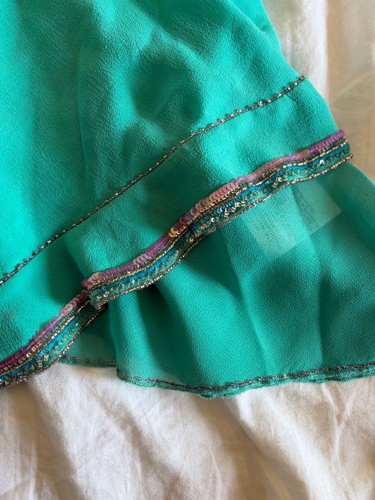 Vintage Y2K 2004 Karen Millen aqua blue silk embellished asymmetrical hem top