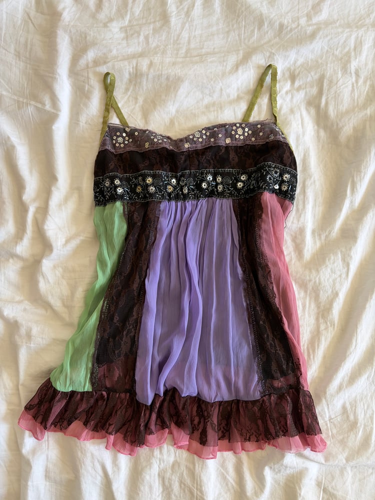 Vintage Y2K patchwork forest fairy sequin baby doll style cami