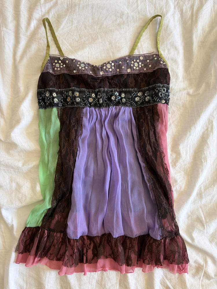 Vintage Y2K patchwork forest fairy sequin baby doll style cami
