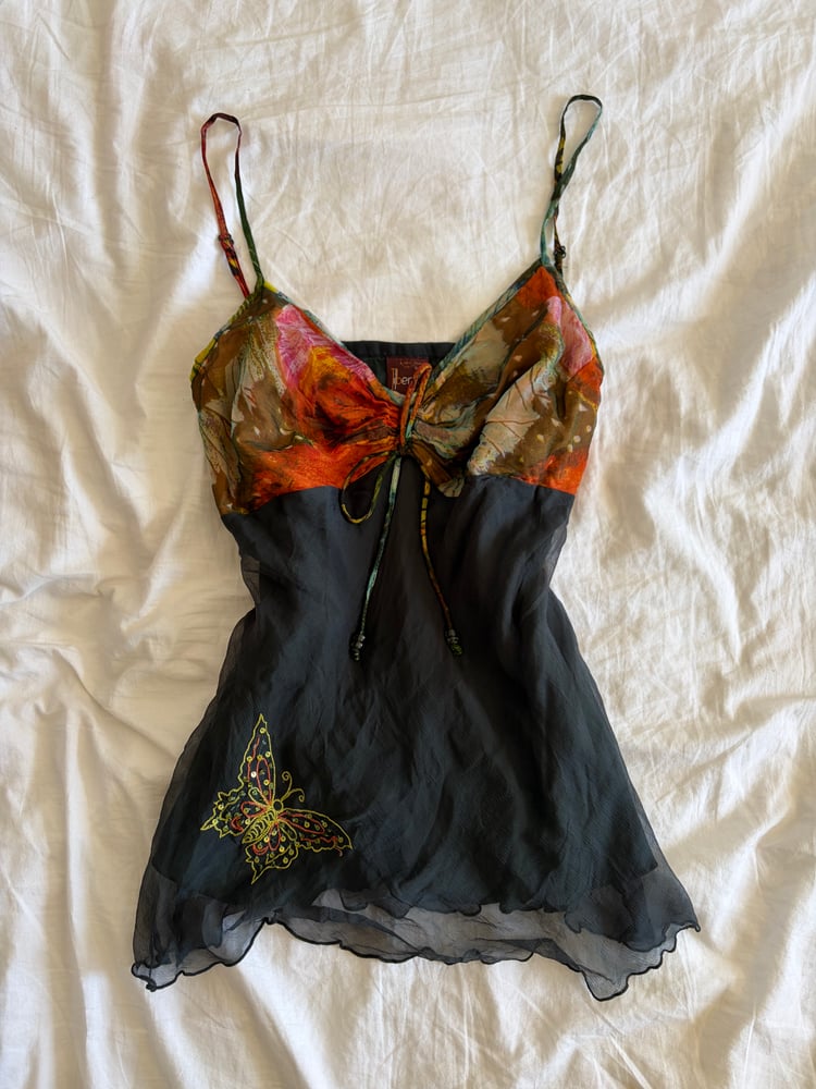 Vintage Y2K black ruched bust butterfly cami with beaded strap detail