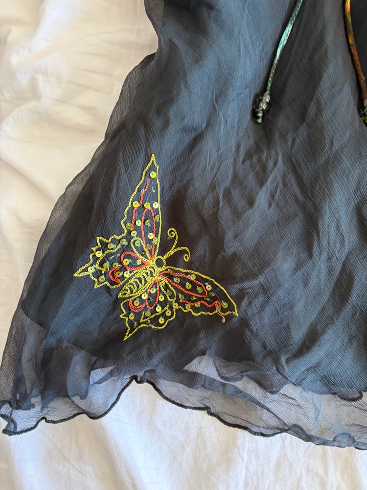 Vintage Y2K black ruched bust butterfly cami with beaded strap detail
