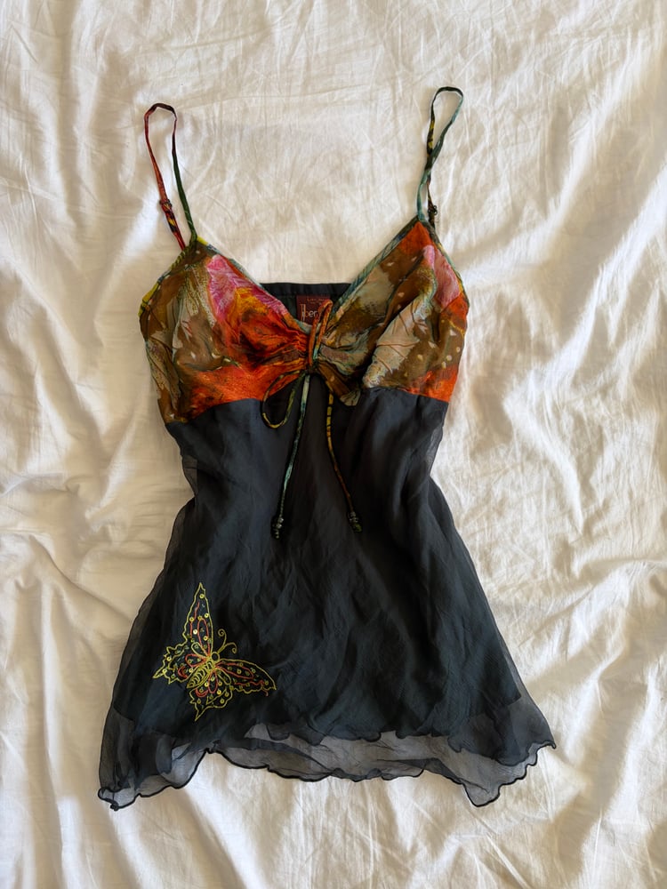 Vintage Y2K black ruched bust butterfly cami with beaded strap detail