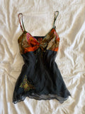 Vintage Y2K black ruched bust butterfly cami with beaded strap detail