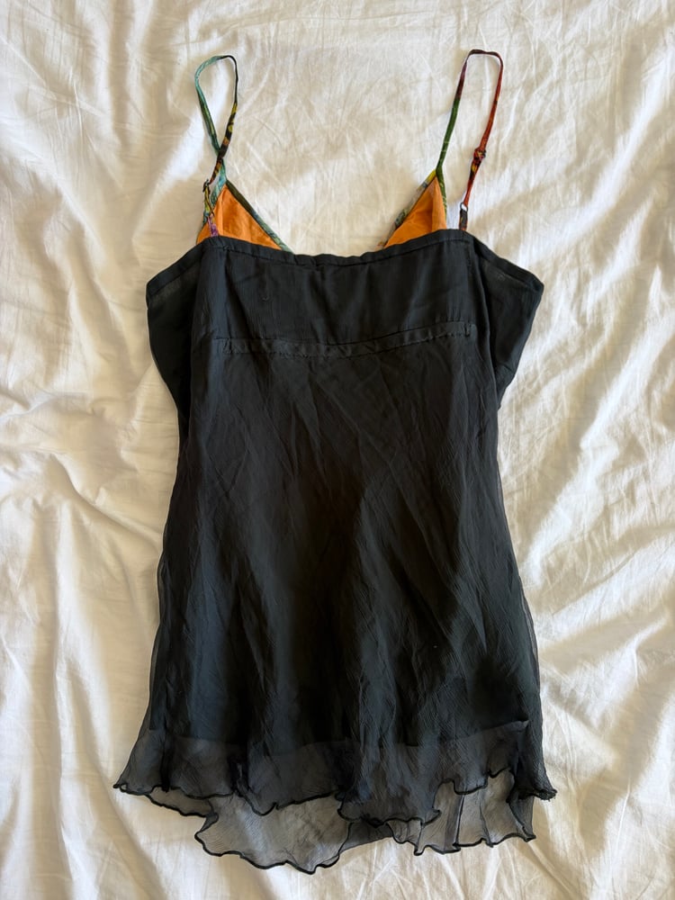 Vintage Y2K black ruched bust butterfly cami with beaded strap detail
