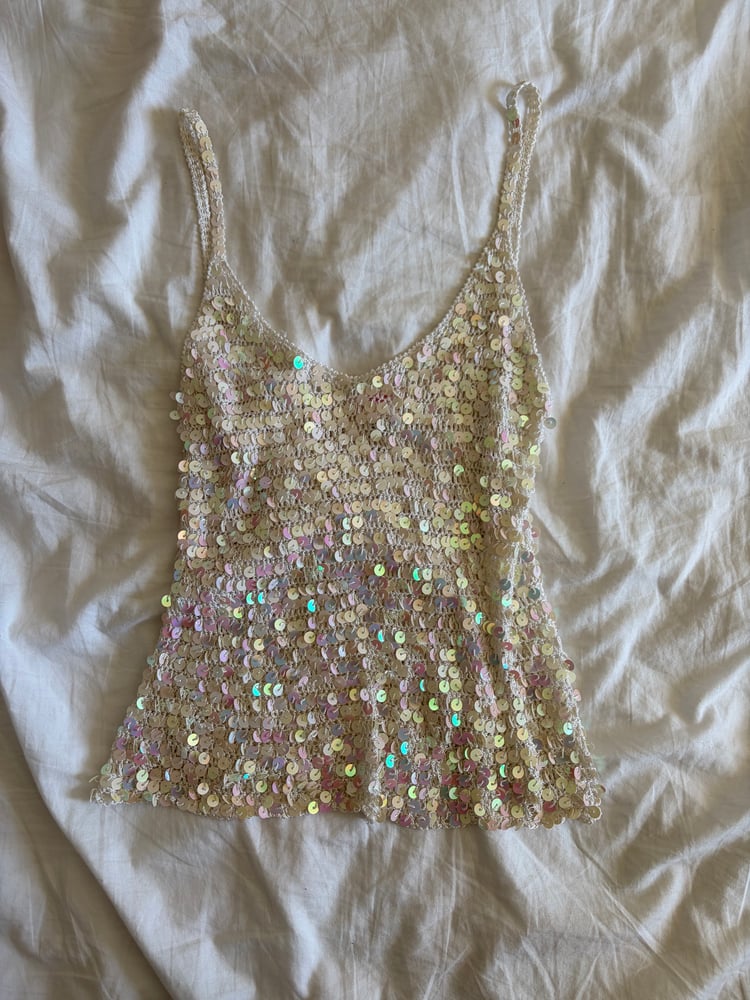 Vintage Y2K iridescent cream sequin crochet cami