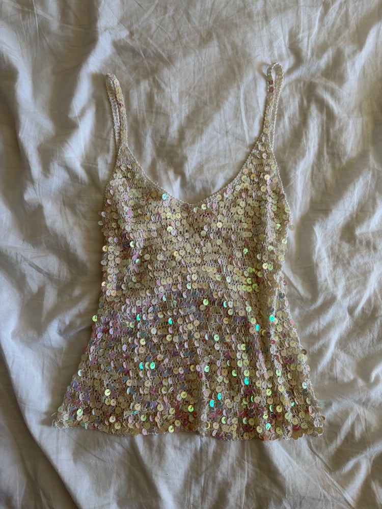 Vintage Y2K iridescent cream sequin crochet cami