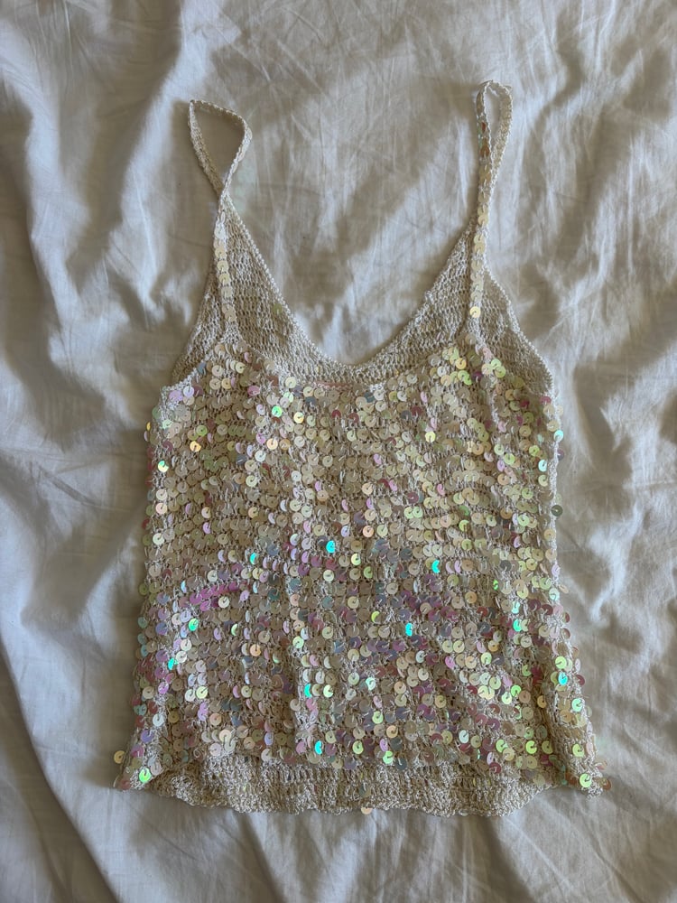 Vintage Y2K iridescent cream sequin crochet cami