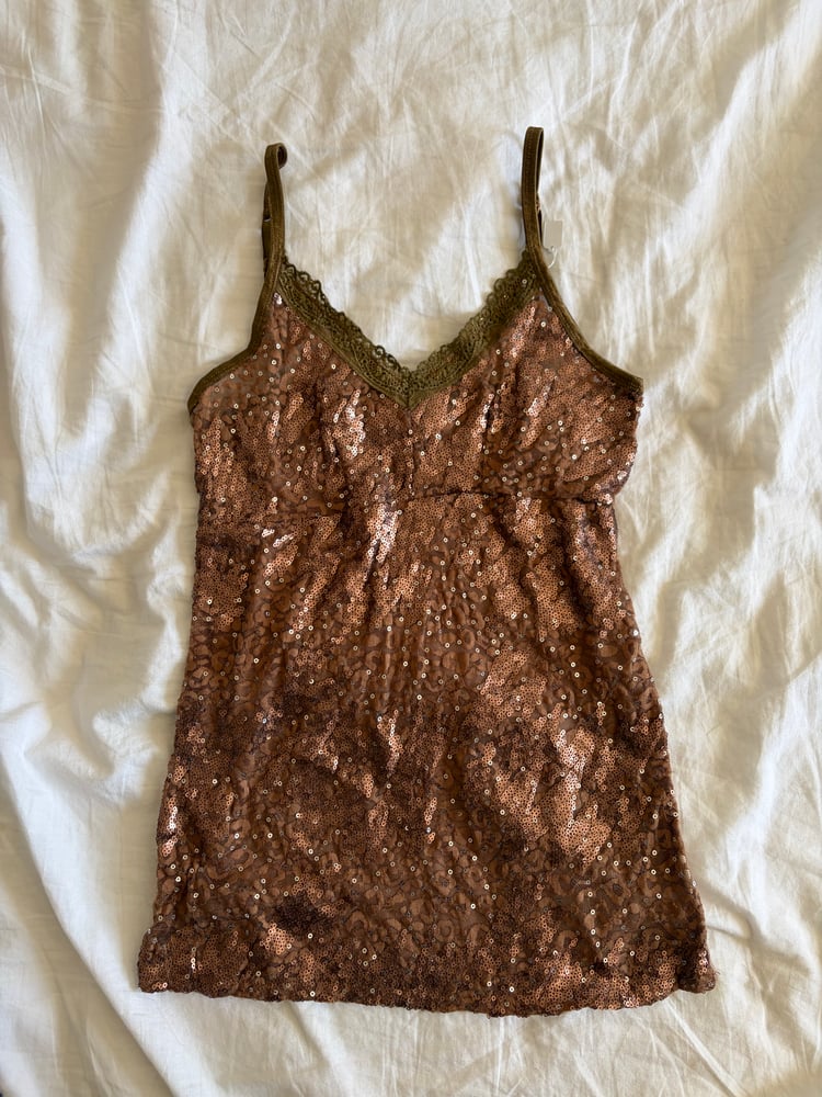 Vintage Y2K brown lace and sequin forest fairy cami with khaki details