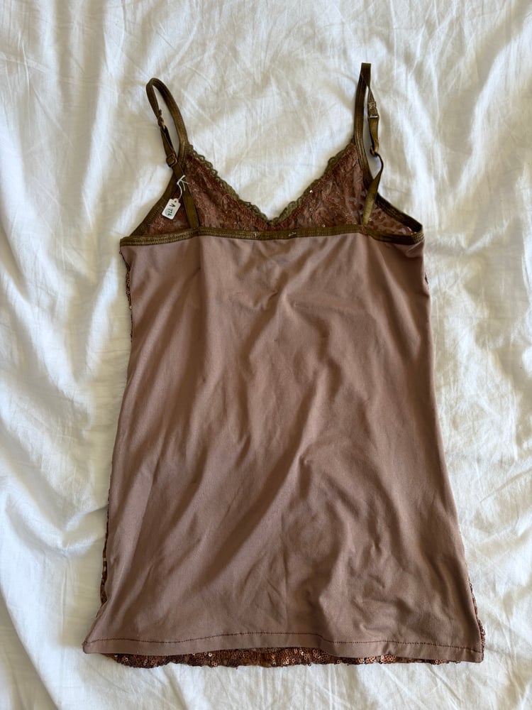 Vintage Y2K brown lace and sequin forest fairy cami with khaki details